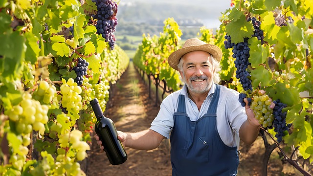 vineyard, france, farmer, grapes, smiling, farm, nature, harvest, wine, field, rural, bottle, green, countryside, winemaking, winery, winemaker, vine, fruit, organic, produce, man, tradition, ai generated